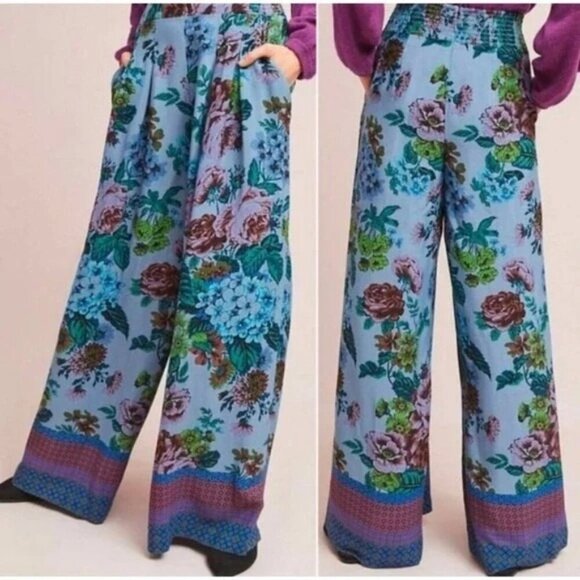 Maeve Anthropologie Floral Terrace Wide Leg Palazzo Pants Blue Purple Size 0 NWT - Picture 9 of 9